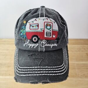 Womens Happy Camper KB Ethos Distressed Strapback Adjustable‎ Hat Cap Hike Gray